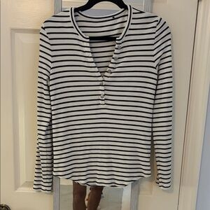 White House Black Market Black & White Striped Long-Sleeve Henley